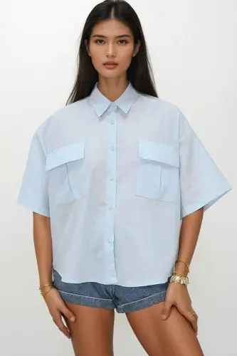 Women's Baby Blue Double Pocket Short Sleeve Linen Shirt ALC-X9991-BABY BLUE - 3