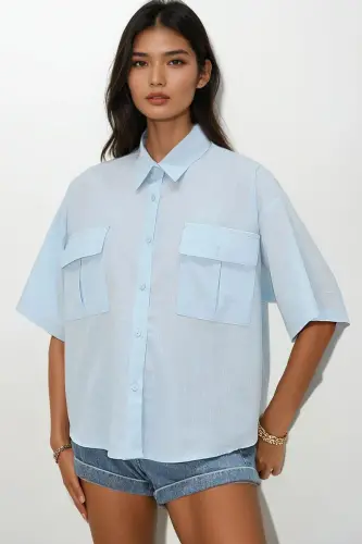 Women's Baby Blue Double Pocket Short Sleeve Linen Shirt ALC-X9991-BABY BLUE - 4