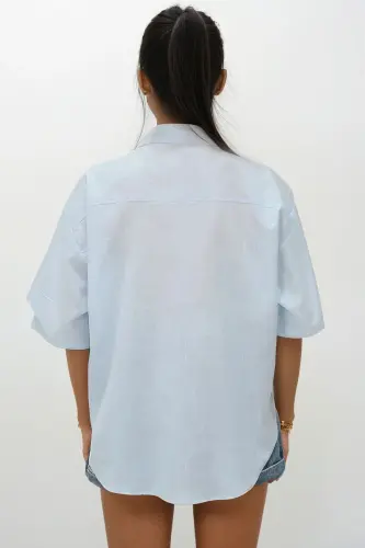 Women's Baby Blue Double Pocket Short Sleeve Linen Shirt ALC-X9991-BABY BLUE - 5