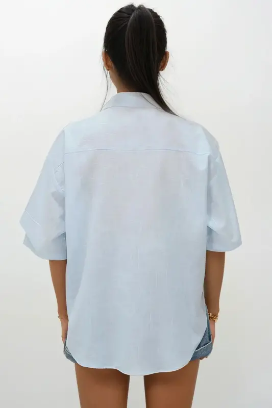 Women's Baby Blue Double Pocket Short Sleeve Linen Shirt ALC-X9991-BABY BLUE - 5