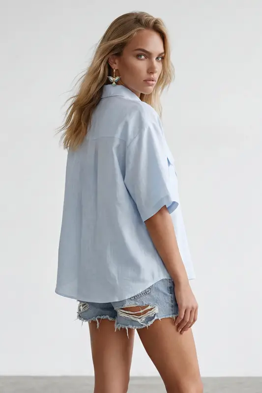 Women's Baby Blue Double Pocket Short Sleeve Linen Shirt ALC-X9991-BABY BLUE - 6