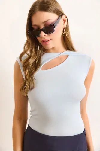 Women's Baby Blue Drop Décolleté Shoulder Detailed Cotton Modal Blouse BLZ-19002881-Baby Blue 