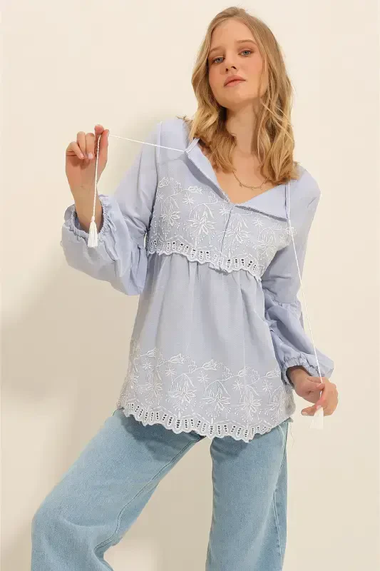 Women's Baby Blue Embroidered Collar Tassel Balloon Sleeve Woven Blouse ALC-X11320 - TREND ALAÇATI STILI