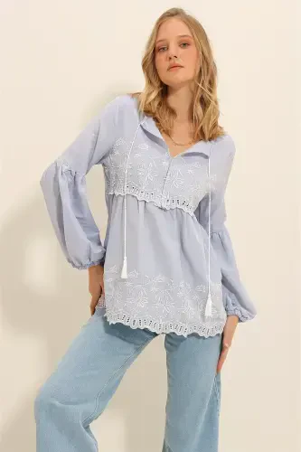 Women's Baby Blue Embroidered Collar Tassel Balloon Sleeve Woven Blouse ALC-X11320 - TREND ALAÇATI STILI (1)