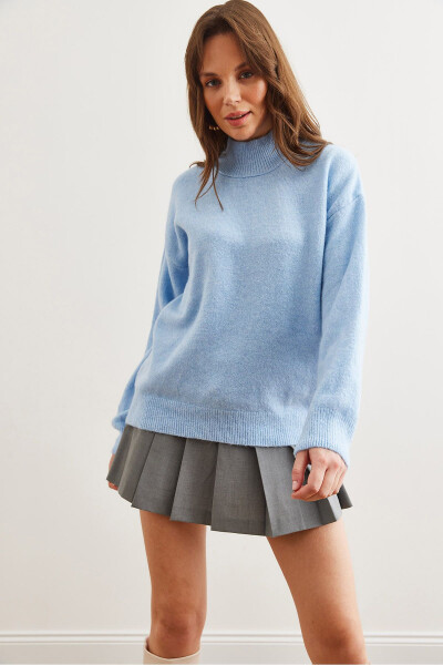 Women's Baby Blue Half-Turtleneck Oversized Knit Sweater - OLALOOK