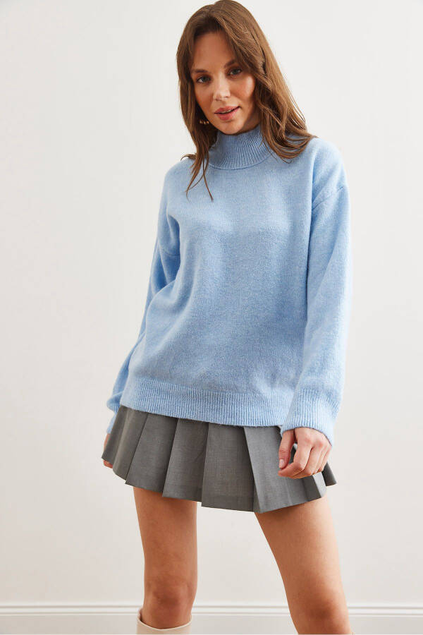Women's Baby Blue Half-Turtleneck Oversized Knit Sweater - 1