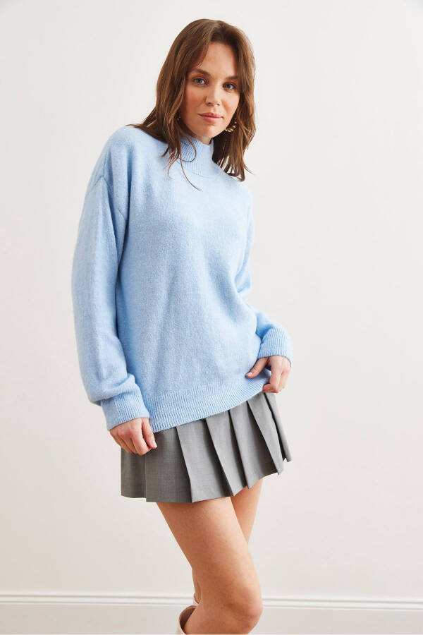 Women's Baby Blue Half-Turtleneck Oversized Knit Sweater - 2