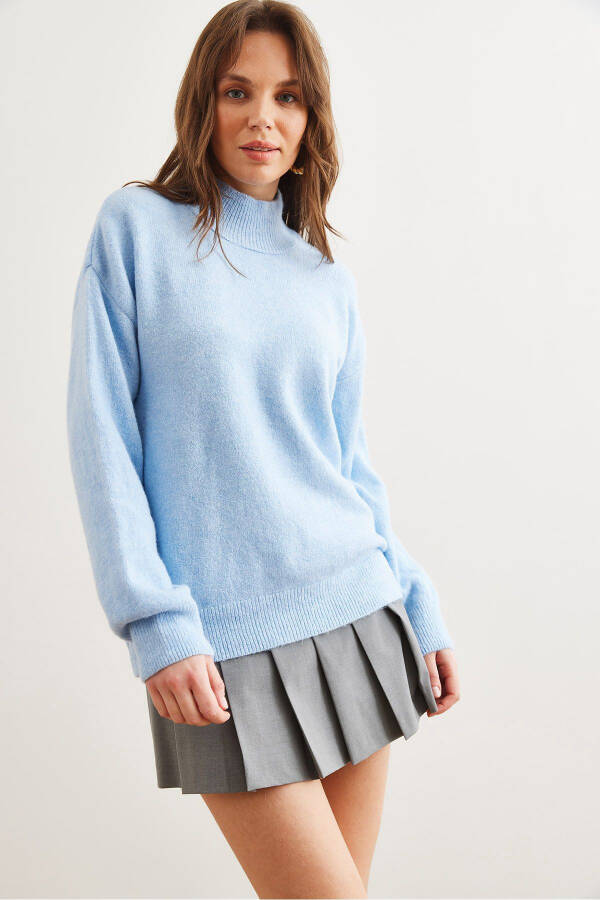 Women's Baby Blue Half-Turtleneck Oversized Knit Sweater - 3