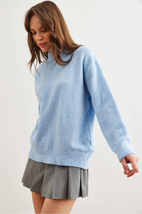 Women's Baby Blue Half-Turtleneck Oversized Knit Sweater - 4