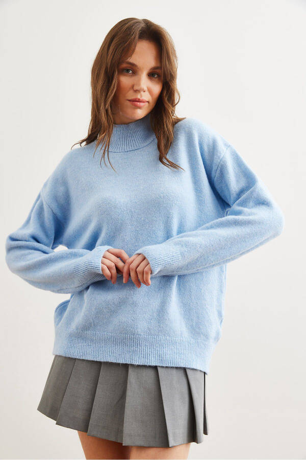 Women's Baby Blue Half-Turtleneck Oversized Knit Sweater - 5
