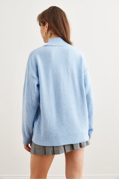Women's Baby Blue Half-Turtleneck Oversized Knit Sweater - 7