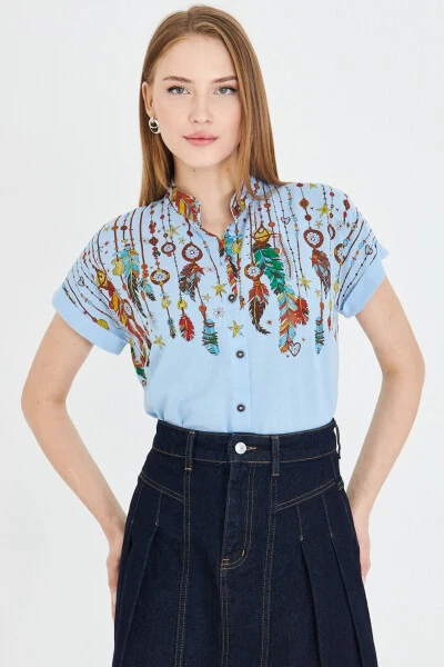 Women's Baby Blue Mandarin Collar Short Sleeve Shirt ARM-2 - ARMONIKA