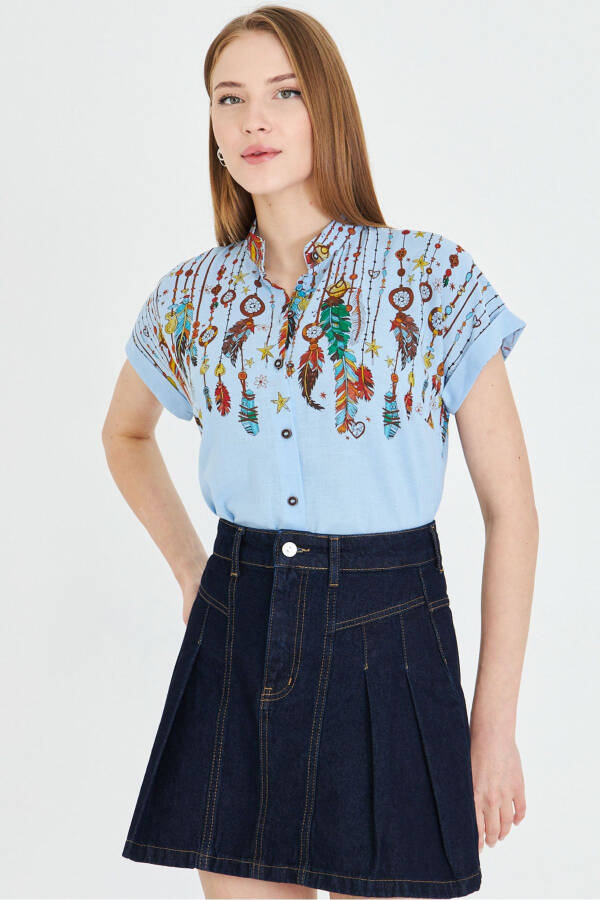 Women's Baby Blue Mandarin Collar Short Sleeve Shirt ARM-2 - 2