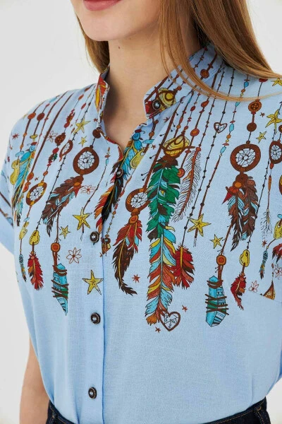 Women's Baby Blue Mandarin Collar Short Sleeve Shirt ARM-2 - 3