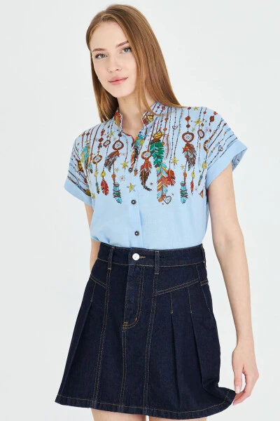 Women's Baby Blue Mandarin Collar Short Sleeve Shirt ARM-2 - 4