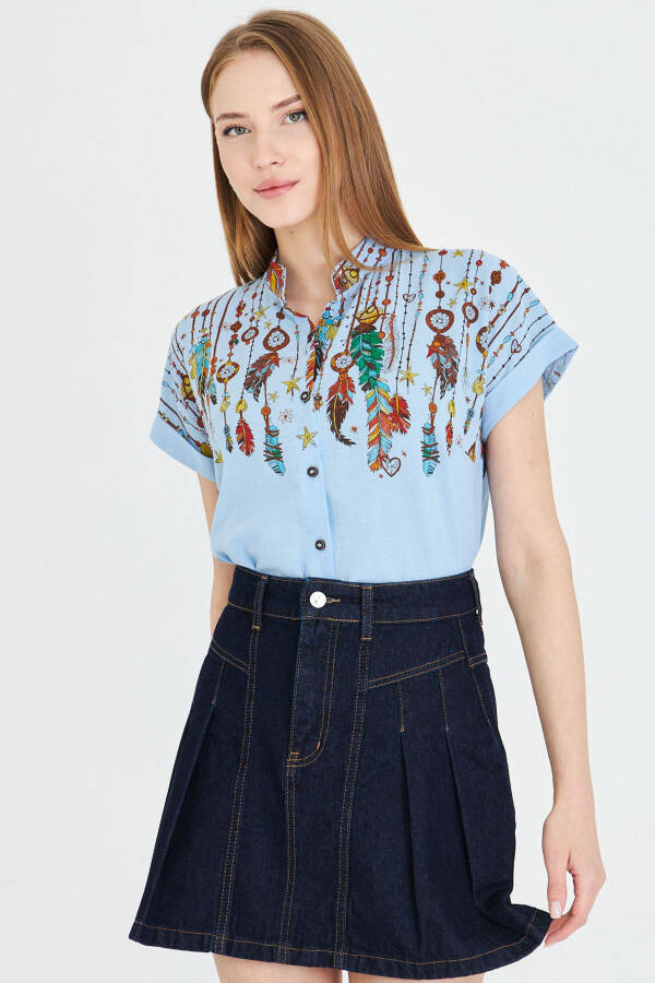 Women's Baby Blue Mandarin Collar Short Sleeve Shirt ARM-2 - 4