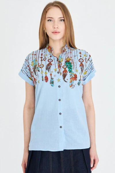 Women's Baby Blue Mandarin Collar Short Sleeve Shirt ARM-2 - 5