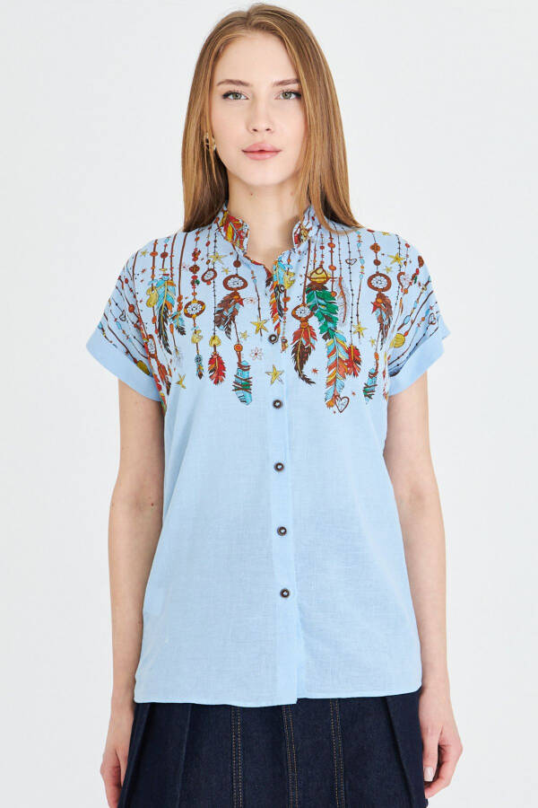 Women's Baby Blue Mandarin Collar Short Sleeve Shirt ARM-2 - 5