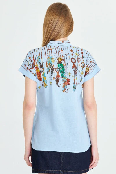 Women's Baby Blue Mandarin Collar Short Sleeve Shirt ARM-2 - 6