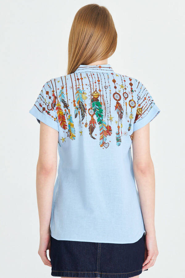 Women's Baby Blue Mandarin Collar Short Sleeve Shirt ARM-2 - 6