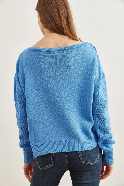 Women's Baby Blue Openwork Boat Neck Knit Sweater KZK-19000830 - 5
