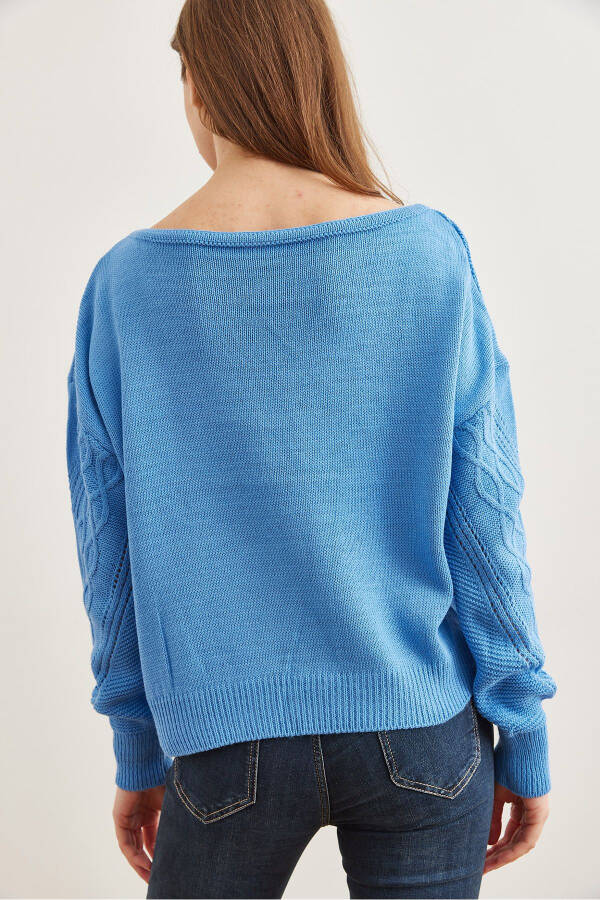 Women's Baby Blue Openwork Boat Neck Knit Sweater KZK-19000830 - 11