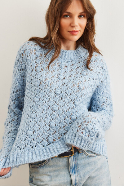 Women's Baby Blue Openwork Bobble Soft Textured Knitted Sweater KZK-19000935 - OLALOOK