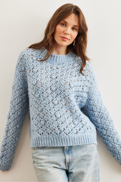 Women's Baby Blue Openwork Bobble Soft Textured Knitted Sweater KZK-19000935 - 11