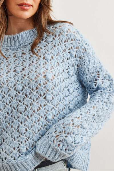 Women's Baby Blue Openwork Bobble Soft Textured Knitted Sweater KZK-19000935 - 12