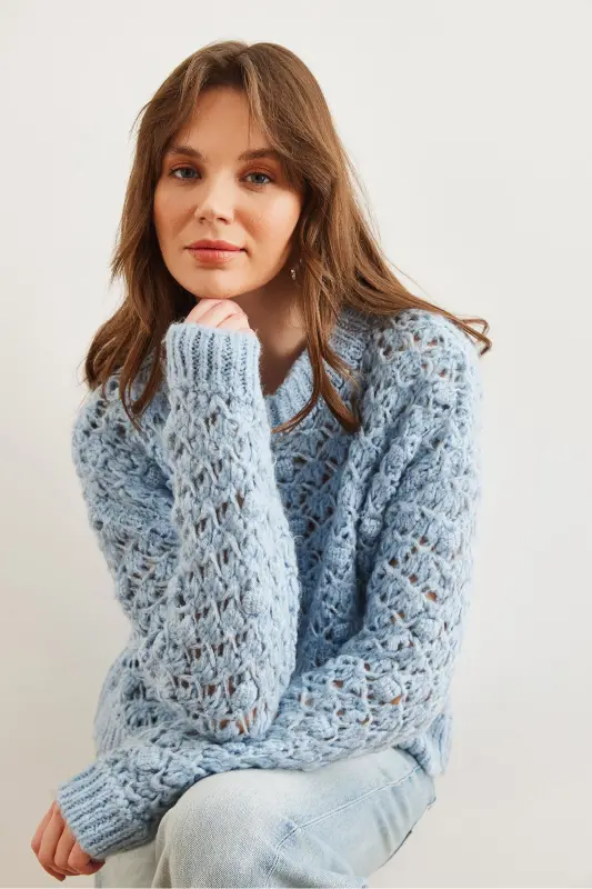 Women's Baby Blue Openwork Bobble Soft Textured Knitted Sweater KZK-19000935 - 4