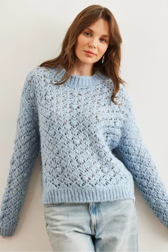 Women's Baby Blue Openwork Bobble Soft Textured Knitted Sweater KZK-19000935 - 5