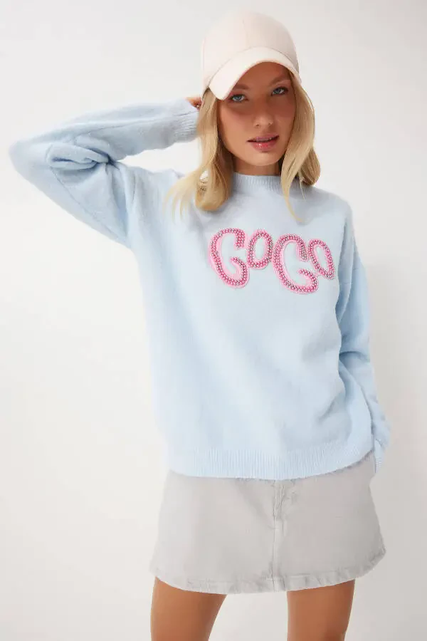Women's Baby Blue Pearl Embroidered Knit Sweater MX00171 - 1