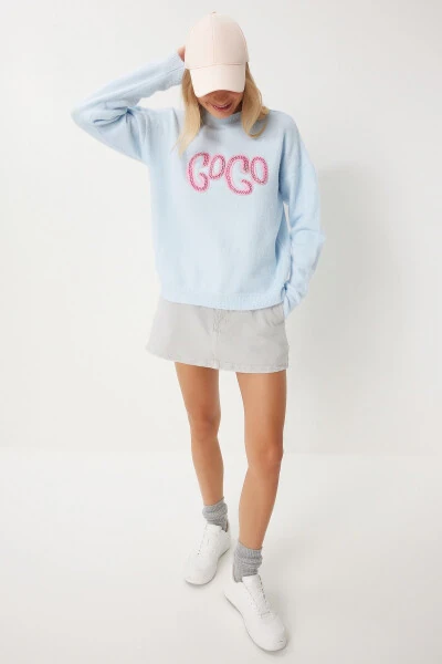 Women's Baby Blue Pearl Embroidered Knit Sweater MX00171 - 3