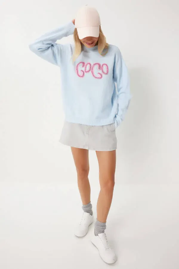 Women's Baby Blue Pearl Embroidered Knit Sweater MX00171 - 3