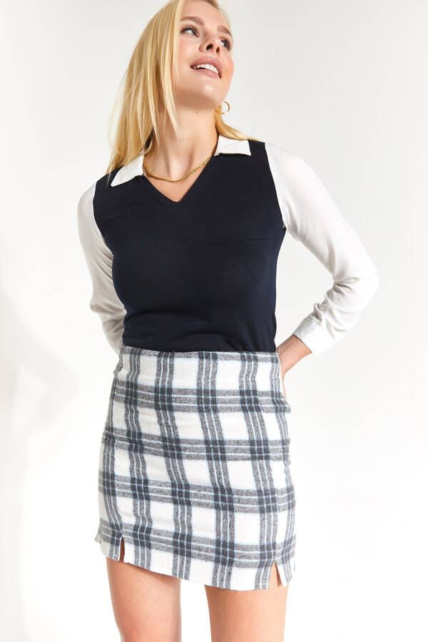 Women's Baby Blue Plaid Stitched Slit Mini Skirt - 5