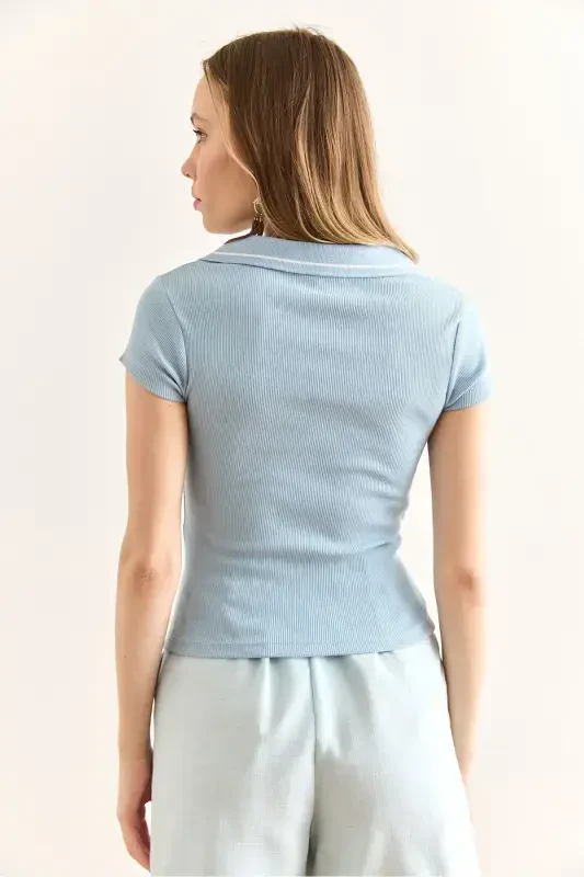 Women's Baby Blue Polo Neck Short Sleeve Lycra Cotton B - 2