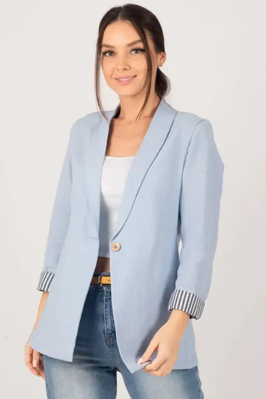 Women's Baby Blue Single Button Jacket with Striped Inner Sleeves ARM-22K001122 - Baby Blue - 4