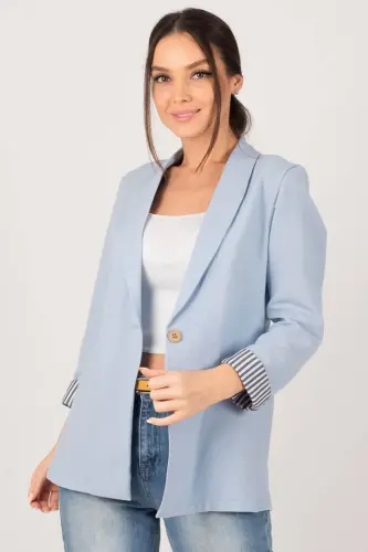 Women's Baby Blue Single Button Jacket with Striped Inner Sleeves ARM-22K001122 - Baby Blue - 5