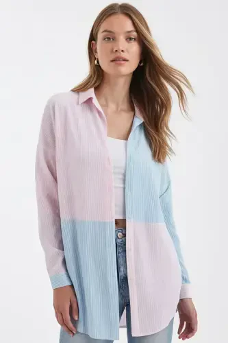 Women's Baby Blue Striped Two-Tone Long Sleeve Oversized Shirt ARM-21K001193 - 1