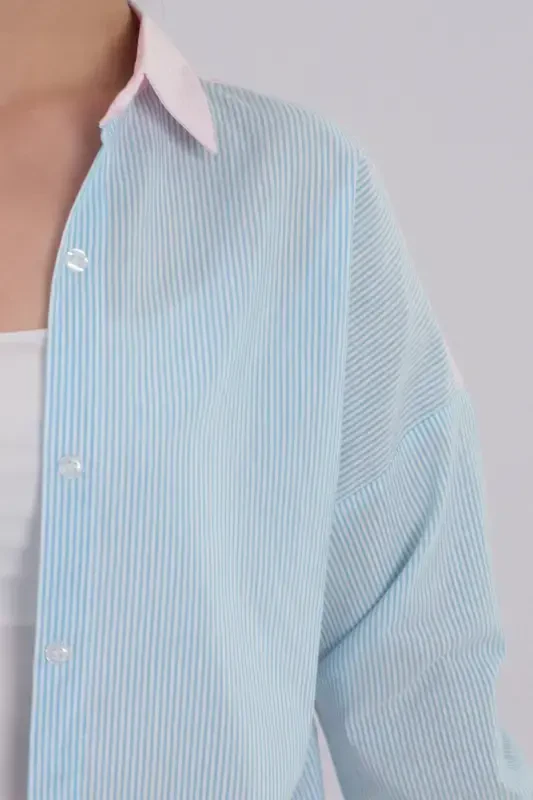 Women's Baby Blue Striped Two-Tone Long Sleeve Oversized Shirt ARM-21K001193 - 2