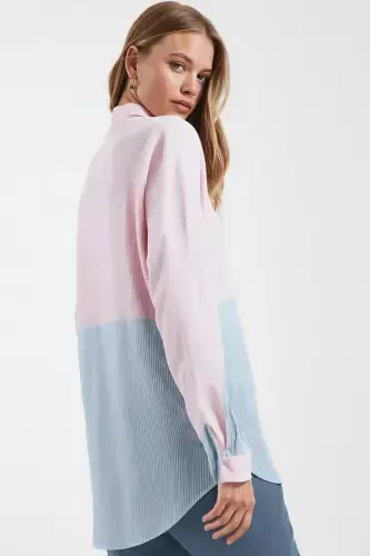 Women's Baby Blue Striped Two-Tone Long Sleeve Oversized Shirt ARM-21K001193 - 3