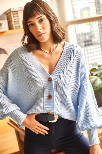 Women's Baby Blue Thick Cable Knit Cardigan HRK-19000082 - Baby Blue - 3