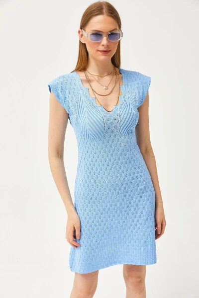 Women's Baby Blue V-Neck Lace Knit Bell Dress ELB-19002071 - OLALOOK