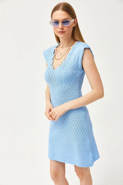 Women's Baby Blue V-Neck Lace Knit Bell Dress ELB-19002071 - OLALOOK (1)