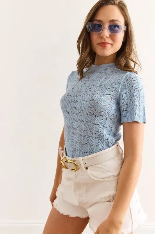 Womens Baby Blue Zigzag Openwork Mercerized Viscose Knit - 1