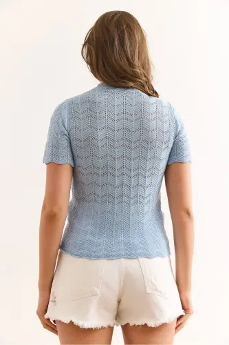 Womens Baby Blue Zigzag Openwork Mercerized Viscose Knit - OLALOOK (1)