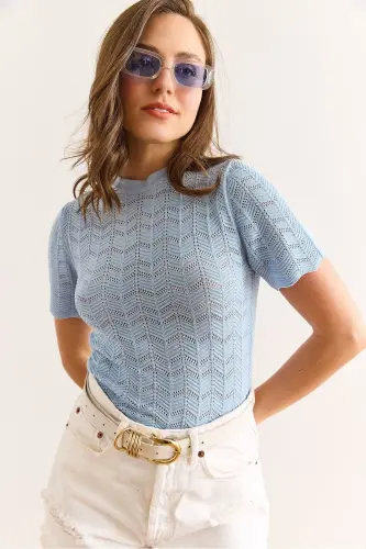 Womens Baby Blue Zigzag Openwork Mercerized Viscose Knit - 3