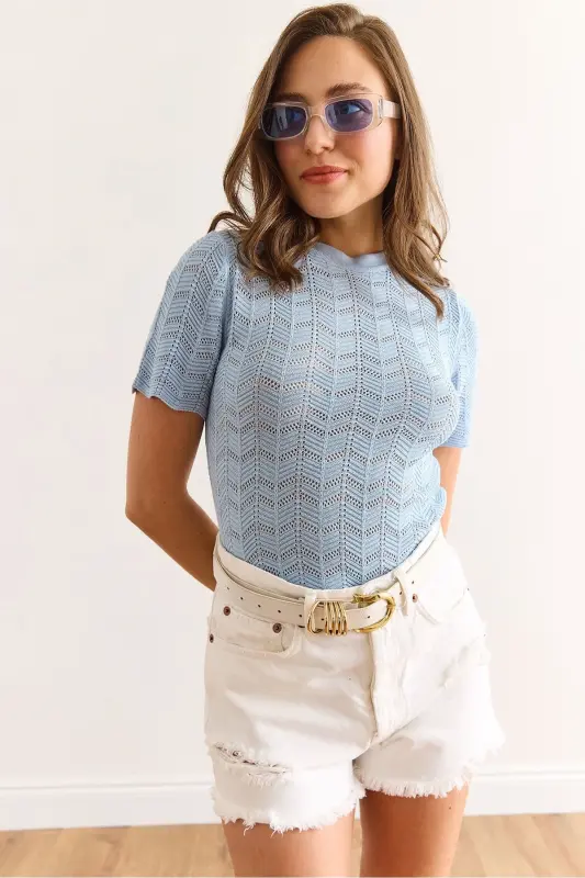 Womens Baby Blue Zigzag Openwork Mercerized Viscose Knit - 4