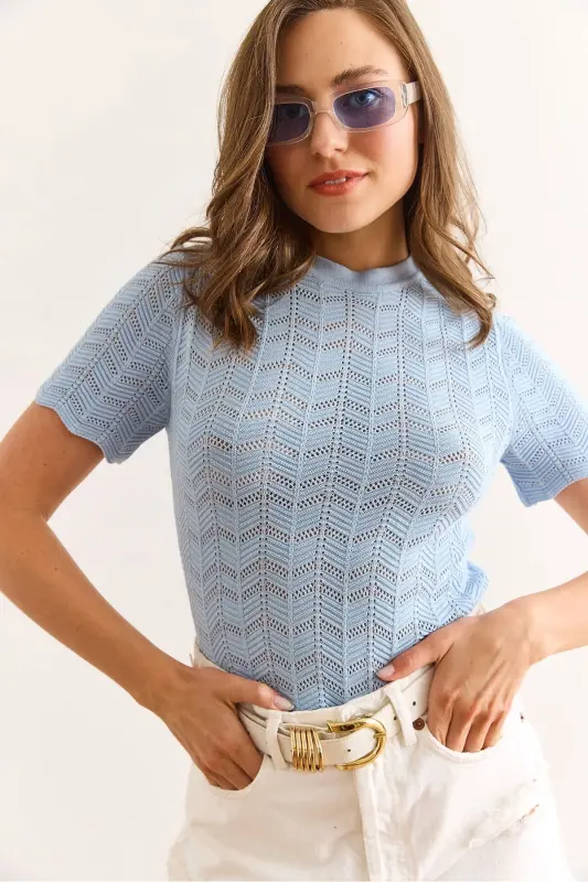 Womens Baby Blue Zigzag Openwork Mercerized Viscose Knit - 5