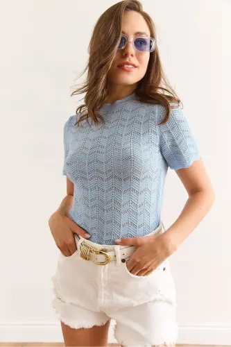 Womens Baby Blue Zigzag Openwork Mercerized Viscose Knit - 6